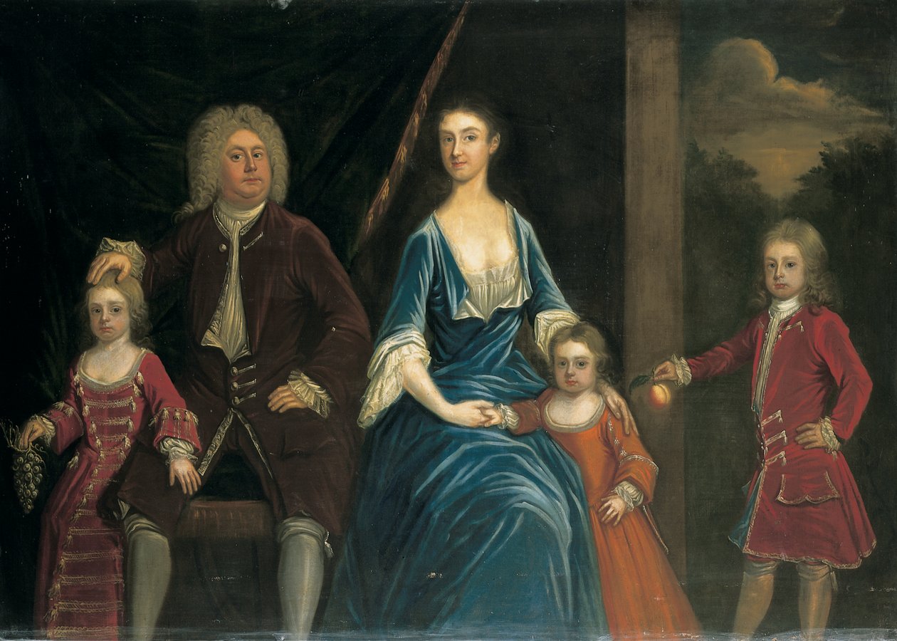 Gruppporträtt av Henry, 5:e Lord Arundell av Wardour och hans fru Elizabeth, tillsammans med deras barn, i en interiör, ett landskap bortom av James Francis Maubert