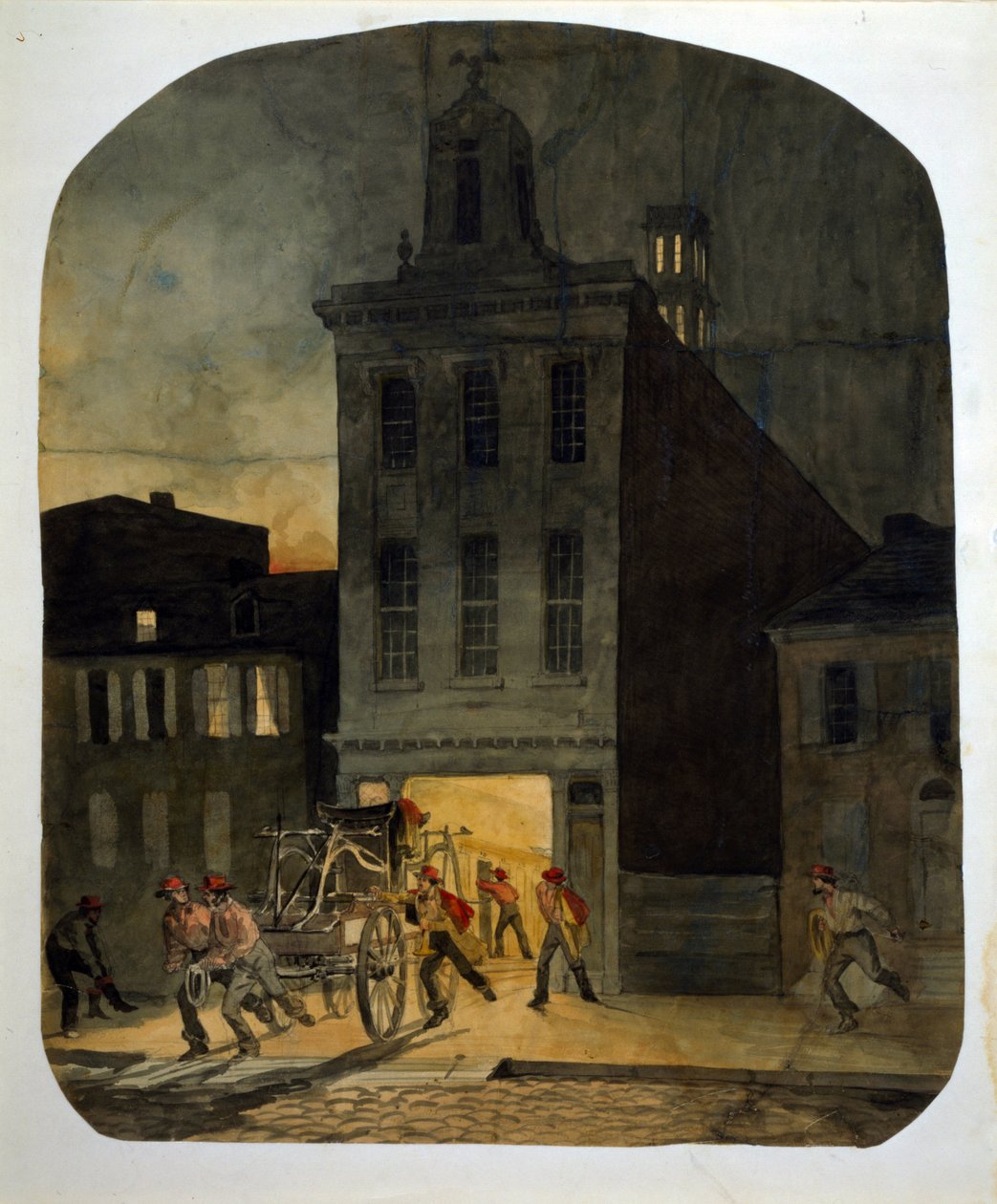 Philadelphias brandkår lämnar baracken för att åka till platsen för en brand. Akvarell av James Fuller Queen (1820-1866) 1857. av James Fuller Queen