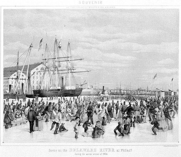 Scen på Delawarefloden i Philadelphia under den stränga vintern 1856, ca 1860 (litho) (s/v foto) av James Fuller Queen