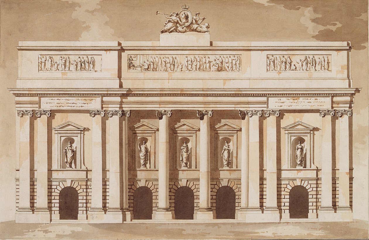 Höjd för West Front of Parliament House, Dublin, c.1787 (penna och pensel med brunt bläck och wc på lagt papper) av James Gandon