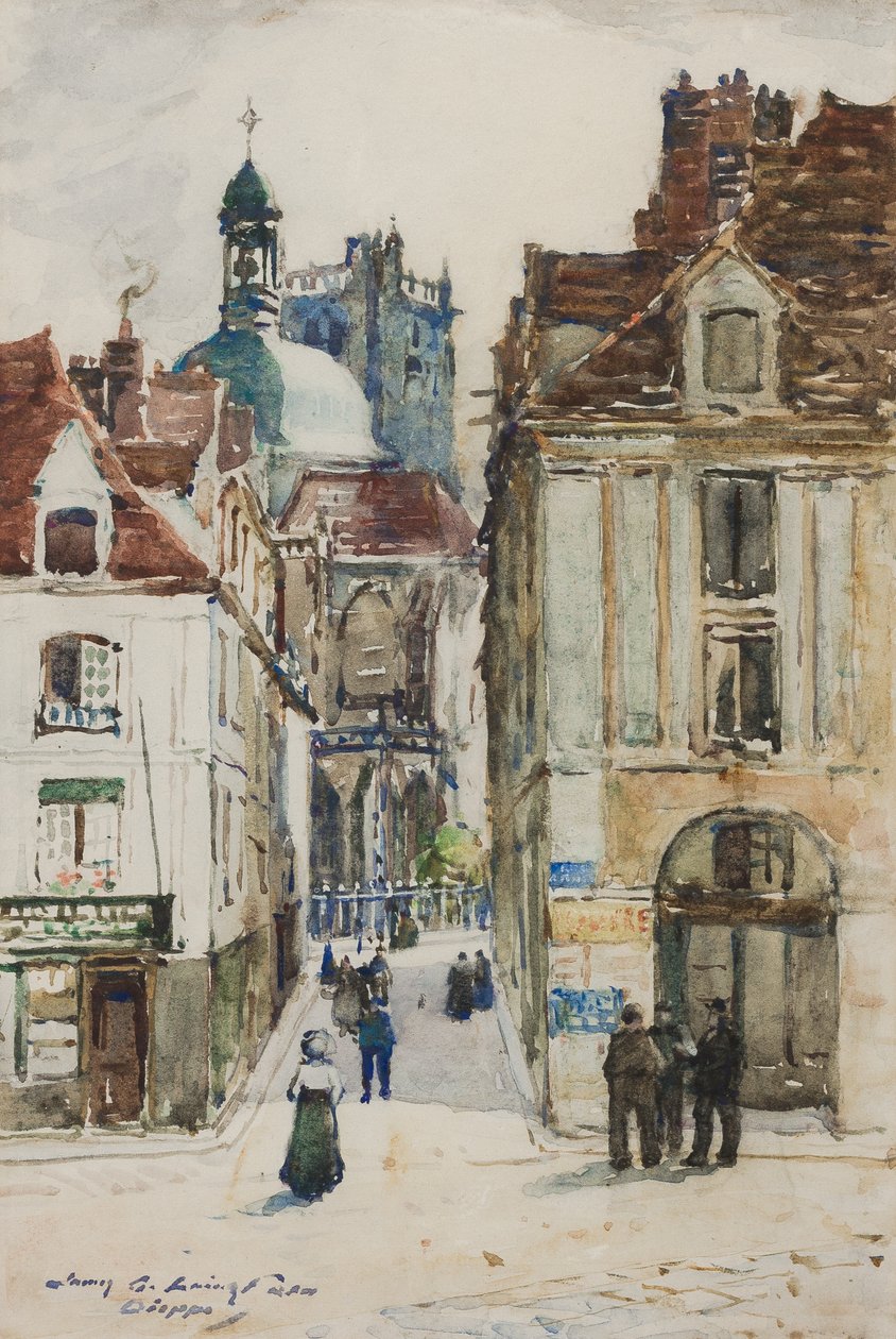 Dieppe, Rue Notre Dame, från kajen, ca 1900 av James Garden Laing