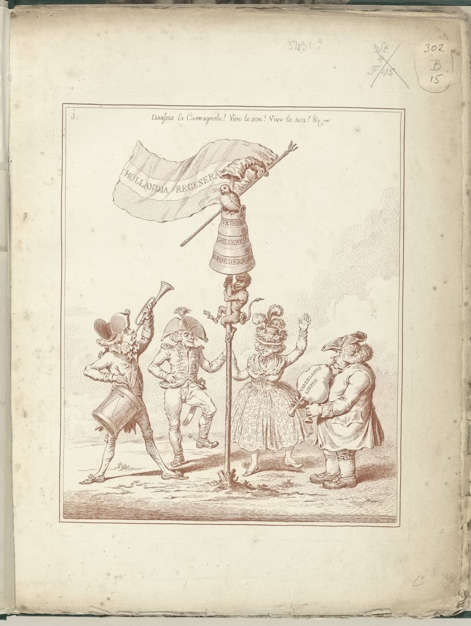 Titelprent van serie Hollandia Regenerata, 1795 Hollandia Regenerata (titel på objekt) Hollandia Regenerata (serietitel) av James Gillray (possibly)