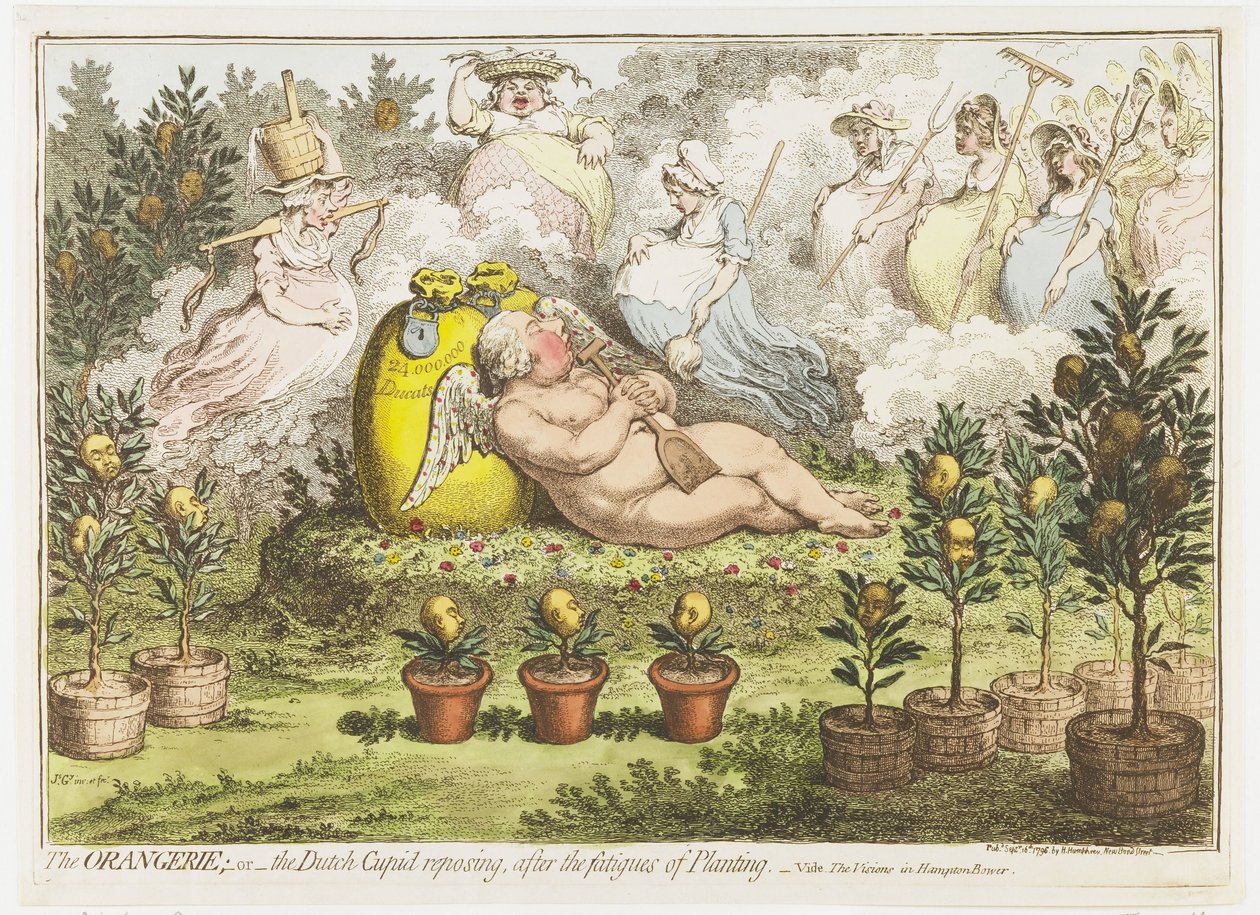 Orangeriet: Den holländska cupiden, vilar från planteringarnas trötthet, 1796 Orangeriet; eller den holländska Amor som vilar, efter planteringens trötthet (titel på objekt) av James Gillray (signed by artist)