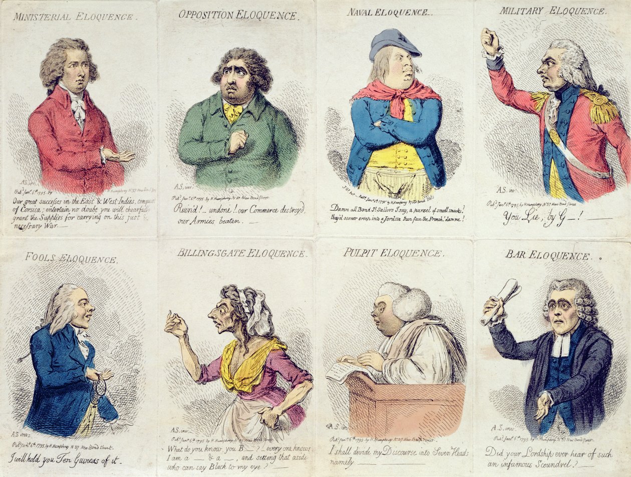 8 vinjetter som visar vältalighet, publicerade av Hannah Humphrey 1795 (handfärgad etsning) av James Gillray