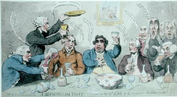 A Birmingham Toast, som gavs den 14 juli av Revolution Society, publicerad av S.W. Fores 1791 (handfärgad etsning) av James Gillray