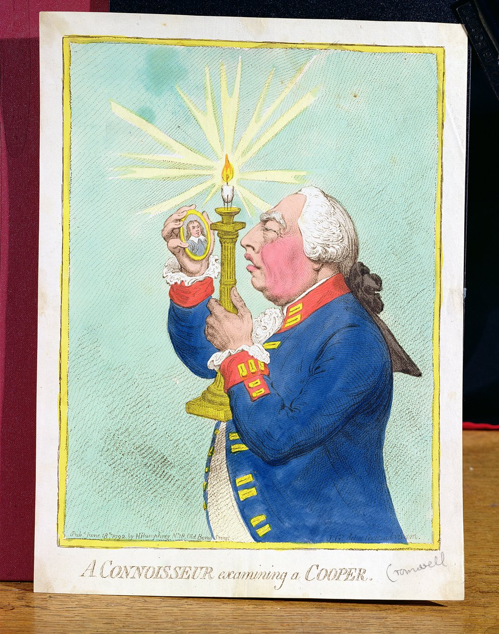 En kännare som undersöker en Cooper, George III (1738-1820) som fruktade en ny revolution, tittar på ett porträtt av Cromwell, pub. av Hannah Humphrey, 1792 av James Gillray