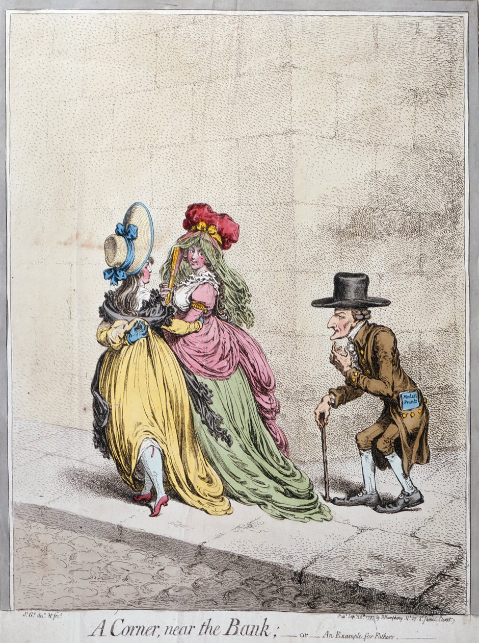 A Corner near the Bank, eller Ett exempel för fäder, utgiven av Hannah Humphrey av James Gillray