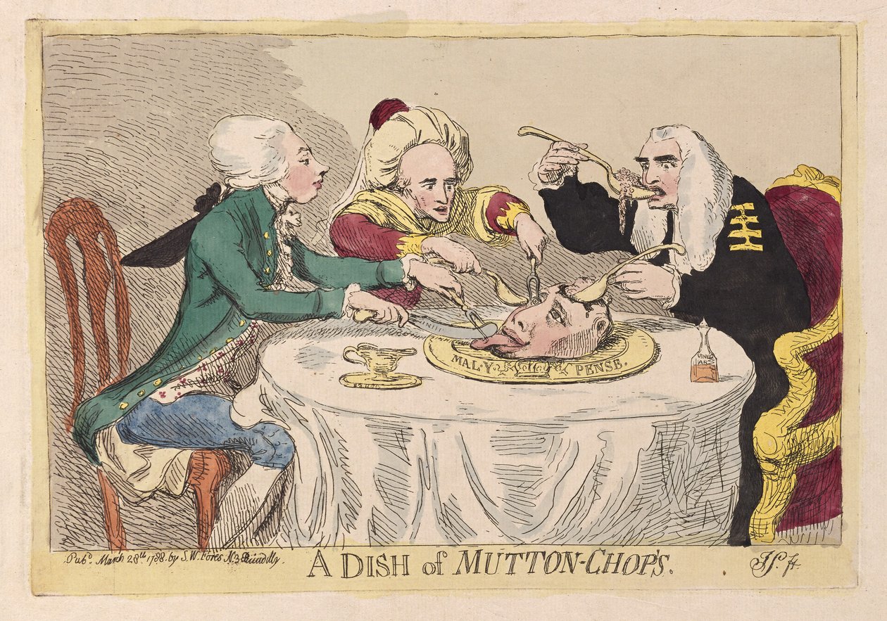 En maträtt med fårkotletter, pub. 1788 (handfärgad gravyr) av James Gillray