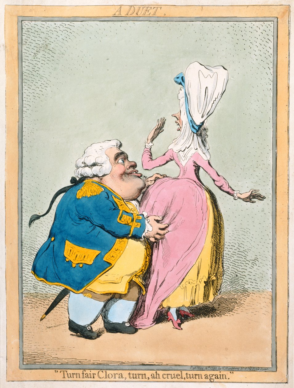 En duett: "Turn Fair Clora, turn, ah gruel, turn again" publicerad av Hannah Humphrey 1792 (handfärgad etsning) av James Gillray