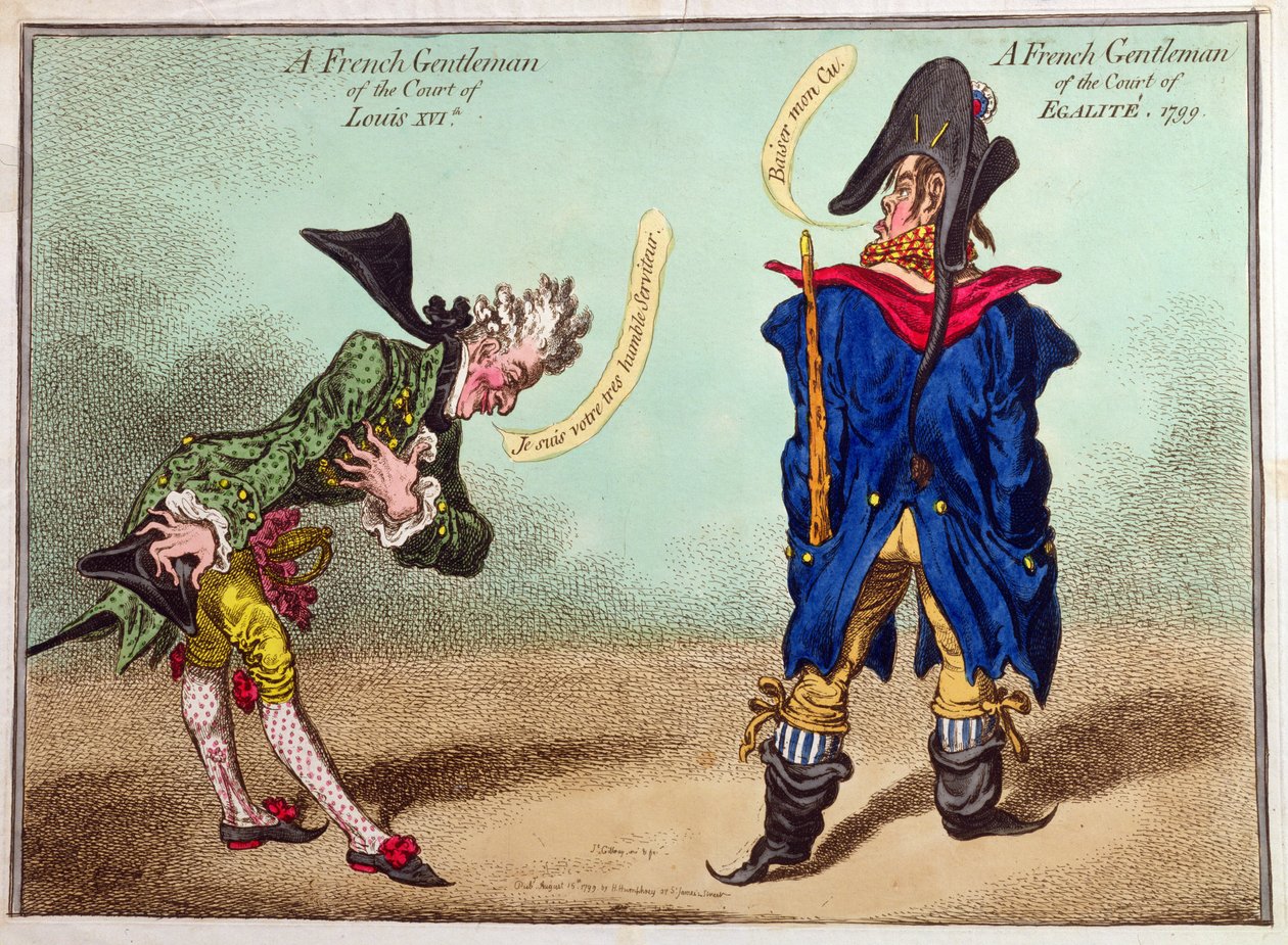 En fransk herre vid Ludvig XVI:s hov och en fransk herre vid hovet i Egalite, publicerad 1799 (handfärgad etsning) av James Gillray