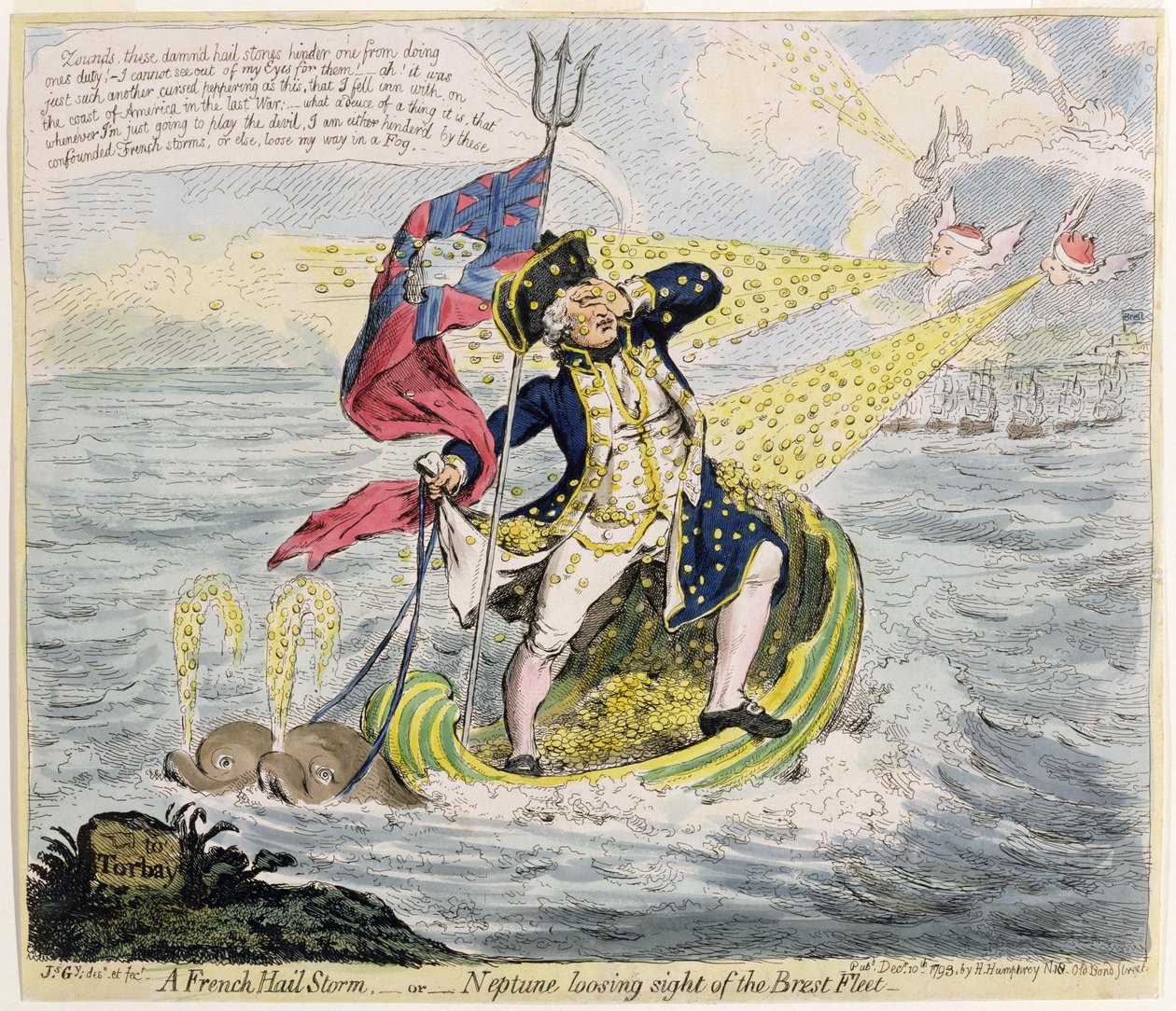 En fransk hagelstorm, eller Neptunus som förlorar Brest-flottan ur sikte, publicerad av Hannah Humphrey 1793 (handfärgad etsning) av James Gillray