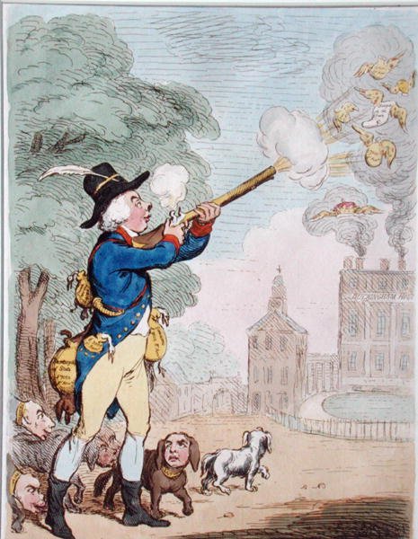 A Good Shot, or Billy-Ranger the Game-Keeper in a fine Sporting Country, utgiven av Hannah Humphrey 1792 (handkolorerad etsning) av James Gillray