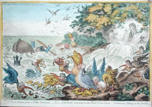 En stor storm från en liten fontän, eller John Bull översvämmad i floden av nya skatter: Skarvar som fiskar i strömmen, publicerad av Hannah Humphrey 1806 (handfärgad etsning) av James Gillray