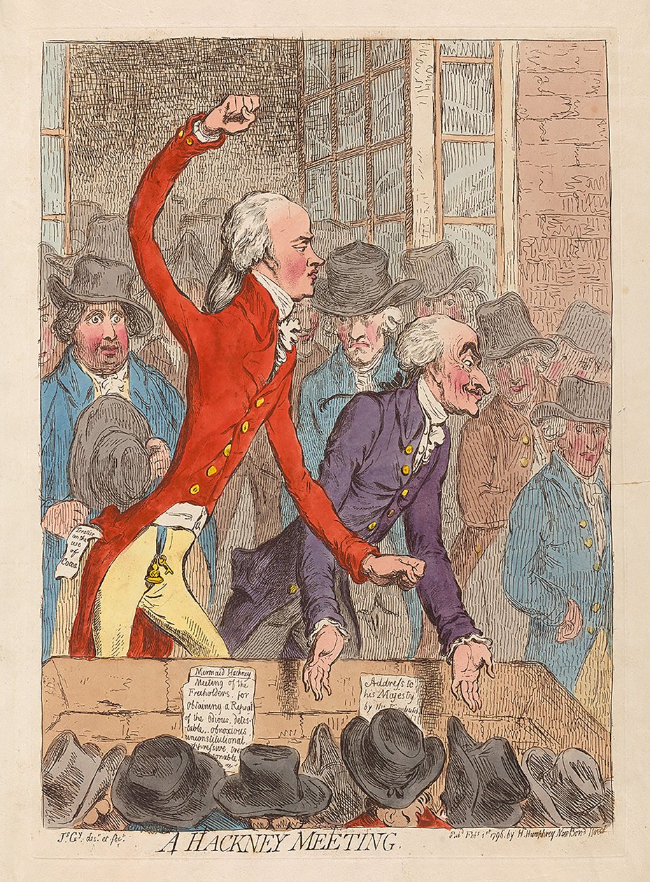 Ett Hackney-möte, pub. 1796 (handfärgad gravyr) av James Gillray