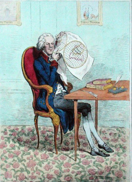 A Keen-Sighted Politician finding out the British Conquests, utgiven av Hannah Humphrey 1795 (handkolorerad etsning) av James Gillray