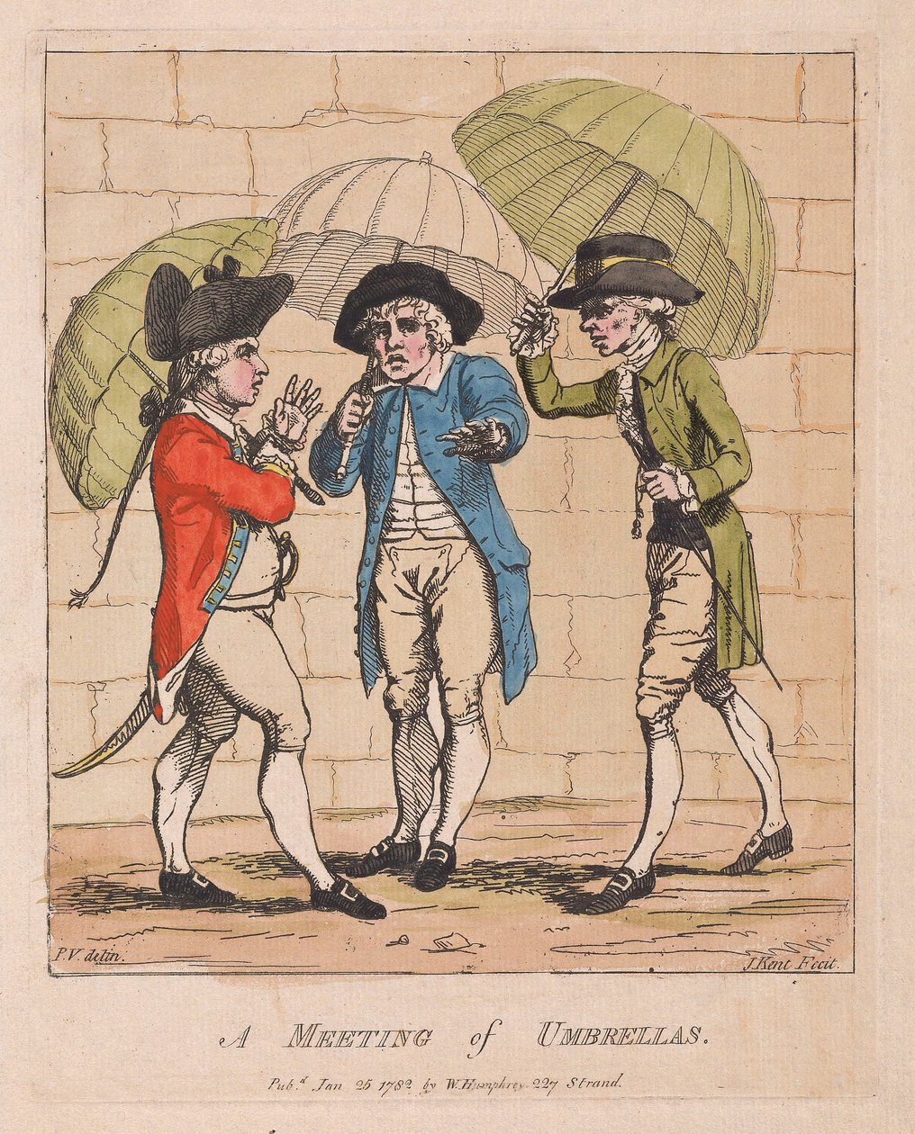 Ett paraplymöte, pub. 1782 (handfärgad gravyr) av James Gillray