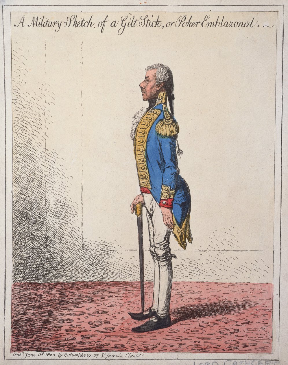 A Military Sketch of a Gilt Stick, or a Poker Emblazoned, publicerad av Hannah Humphrey 1800 (handfärgad etsning) av James Gillray