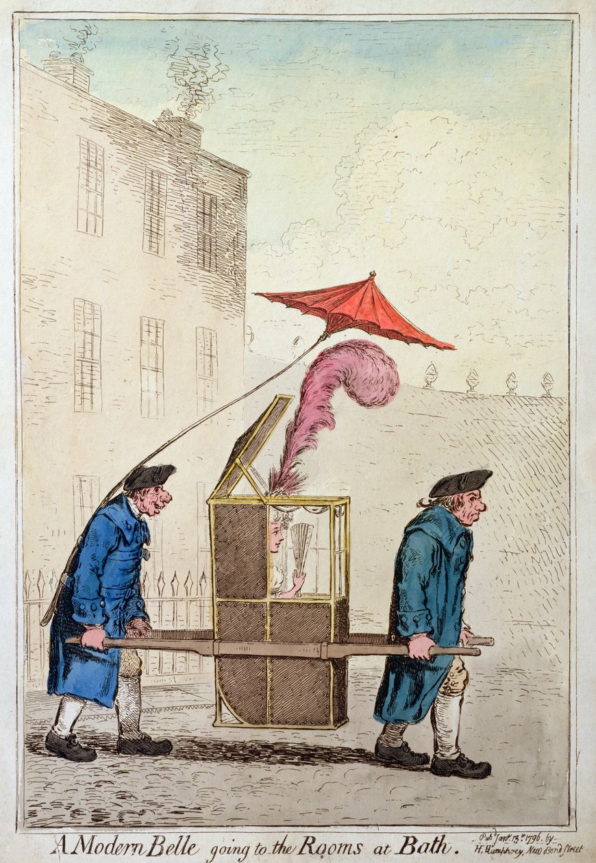 A Modern Belle going to the Rooms at Bath, publicerad av Hannah Humphrey 1796 (handfärgad etsning) av James Gillray