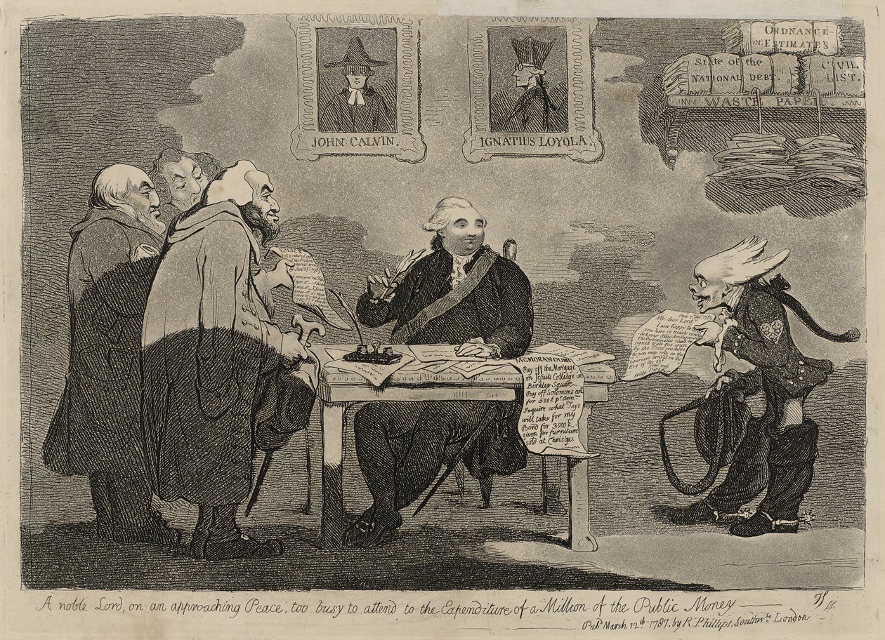 En ädel herre som närmar sig fred för upptagen för att ta hand om utgifterna för en miljon av de offentliga pengarna [verso] av James Gillray