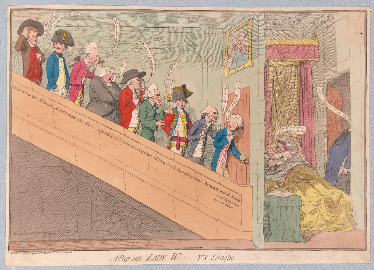 En titt in i Lady W!!!!!ys Seraglio, pub. 1782 (handfärgad gravyr) av James Gillray
