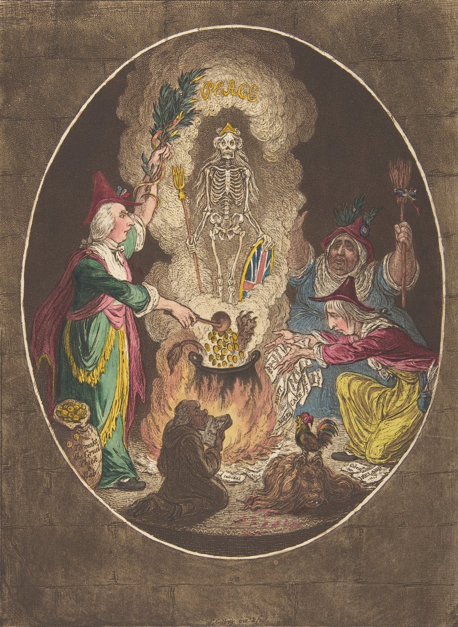 A Phantasmagoria, — Scene-Conjuring-Up an Armed-Skeleton, 5 januari 1803., 5 januari 1803. av James Gillray