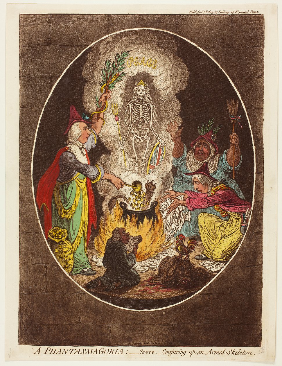 A Phantasmagoria - Scen - Att trolla fram ett beväpnat skelett av James Gillray