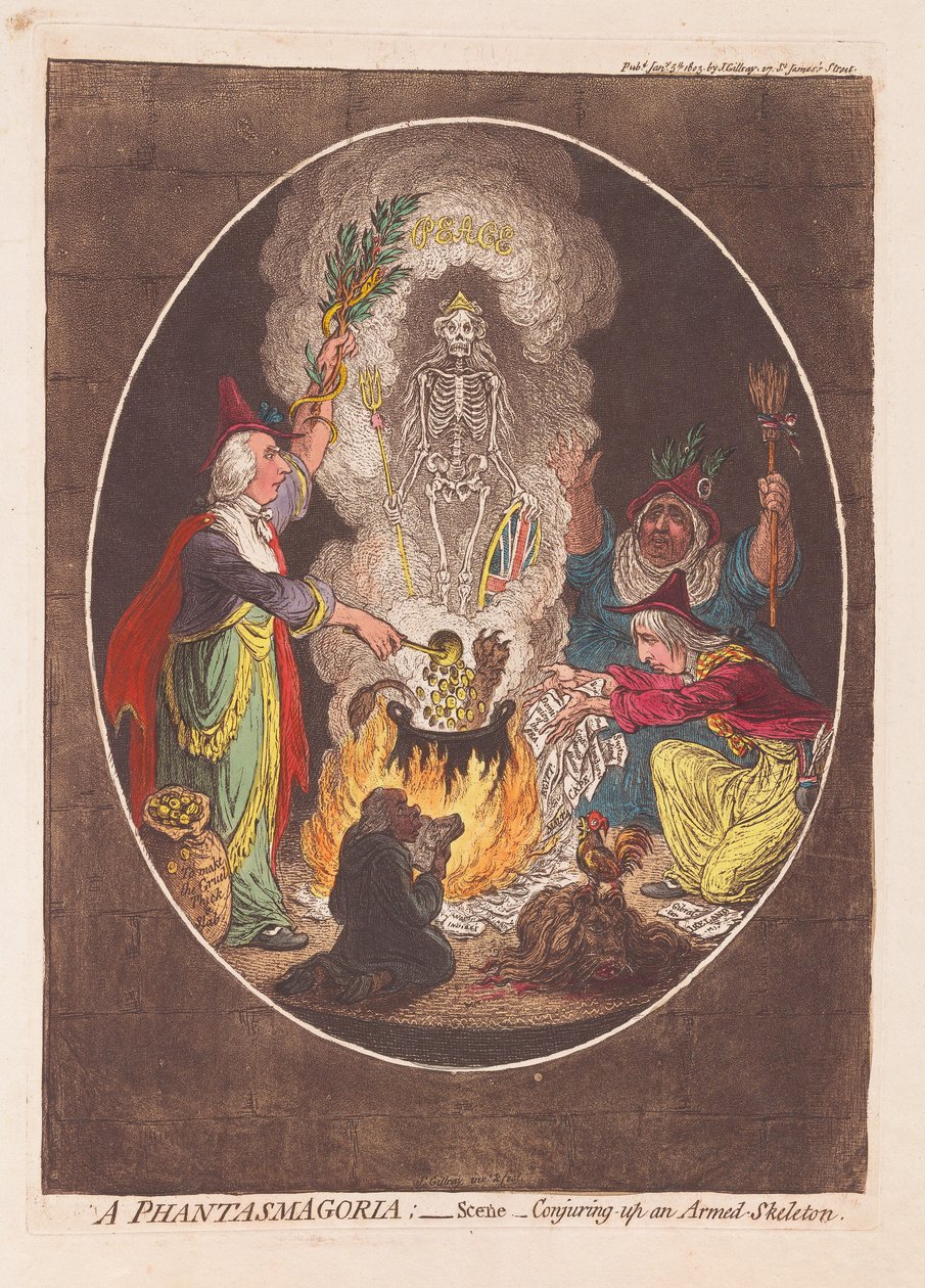 A Phantasmagoria: Scene - Trolla fram ett beväpnat skelett, pub. 1803 (handfärgad gravyr) av James Gillray
