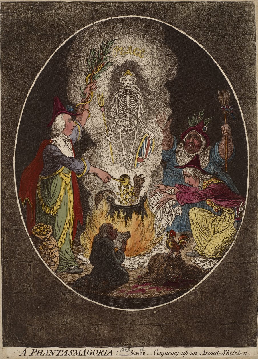 En Phantasmagoria; - Scen - Trolla fram ett beväpnat skelett., 5 januari 1803 (handfärgad etsning och akvatint på vävt papper) av James Gillray