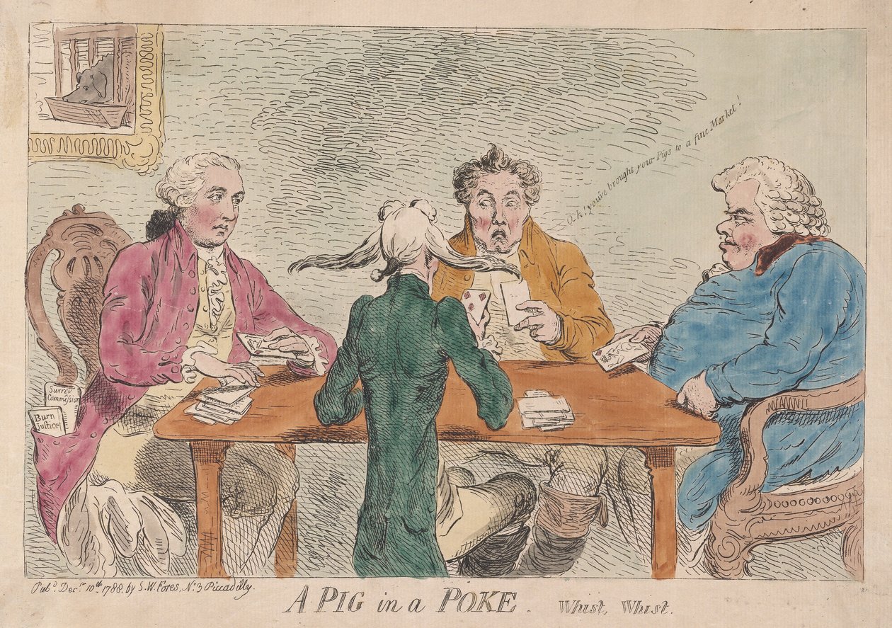 A Pig in a Poke, Whist, Whist, pub. 1788 (handfärgad gravyr) av James Gillray