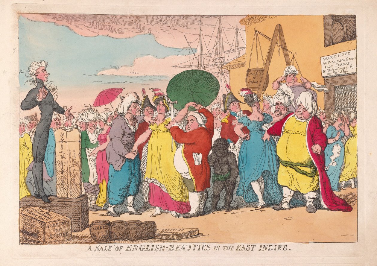 En försäljning av engelska skönheter i Ostindien, pub. 1786 (handfärgad gravyr) av James Gillray