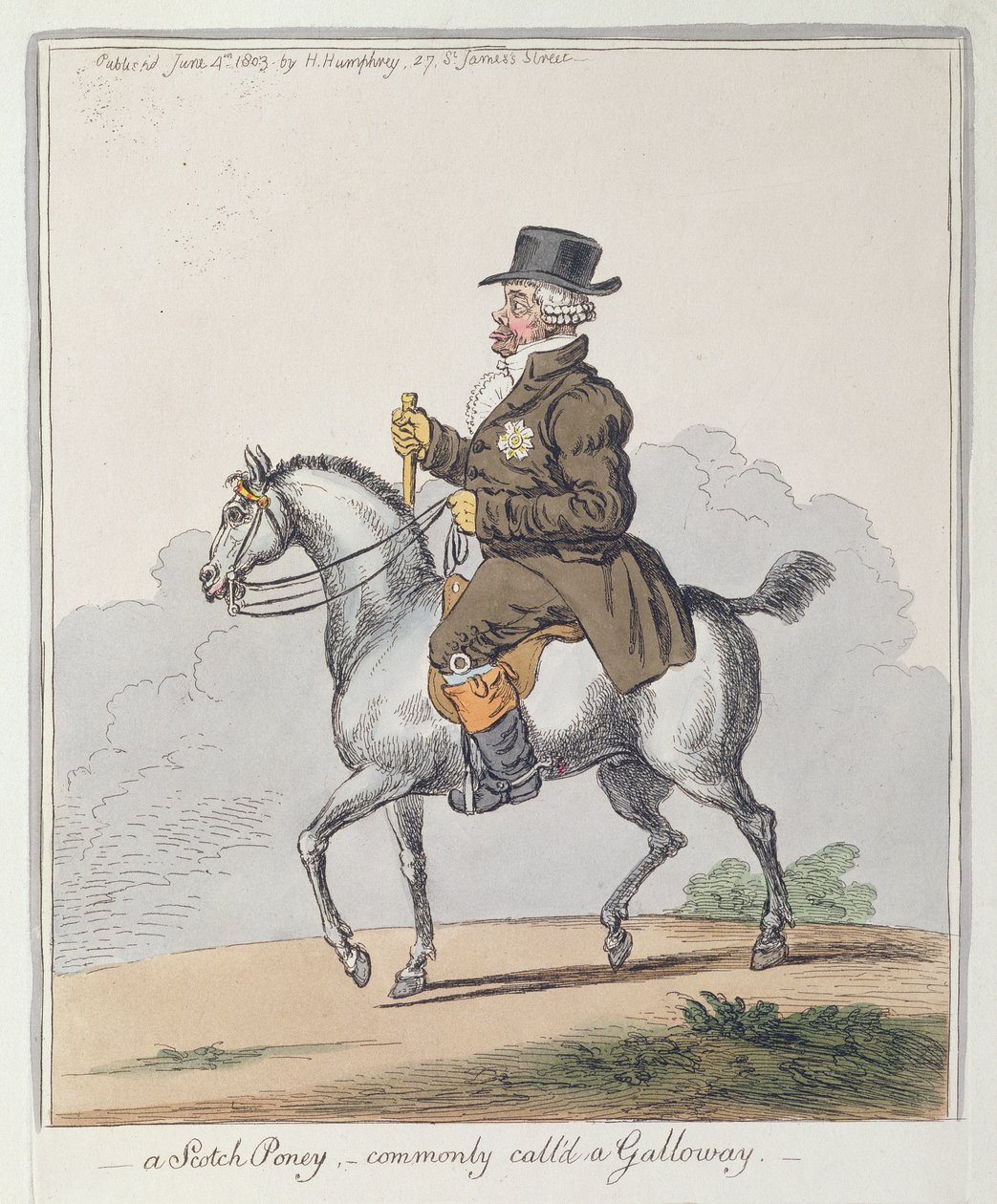 En skotsk ponny, vanligen kallad Galloway, utgiven av Hannah Humphrey 1803 (handkolorerad etsning). av James Gillray