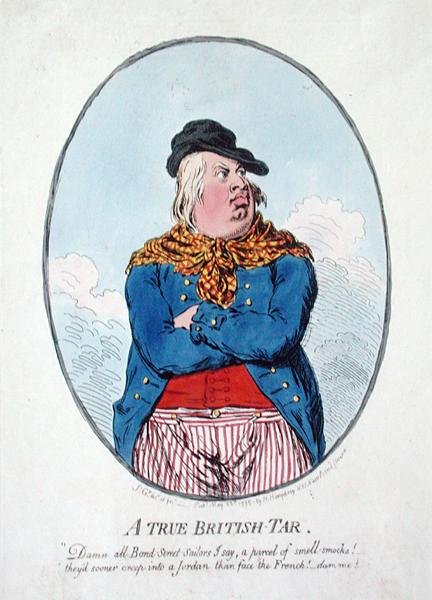 A True British Tar, publicerad av Hannah Humphrey 1795 (handfärgad etsning) av James Gillray