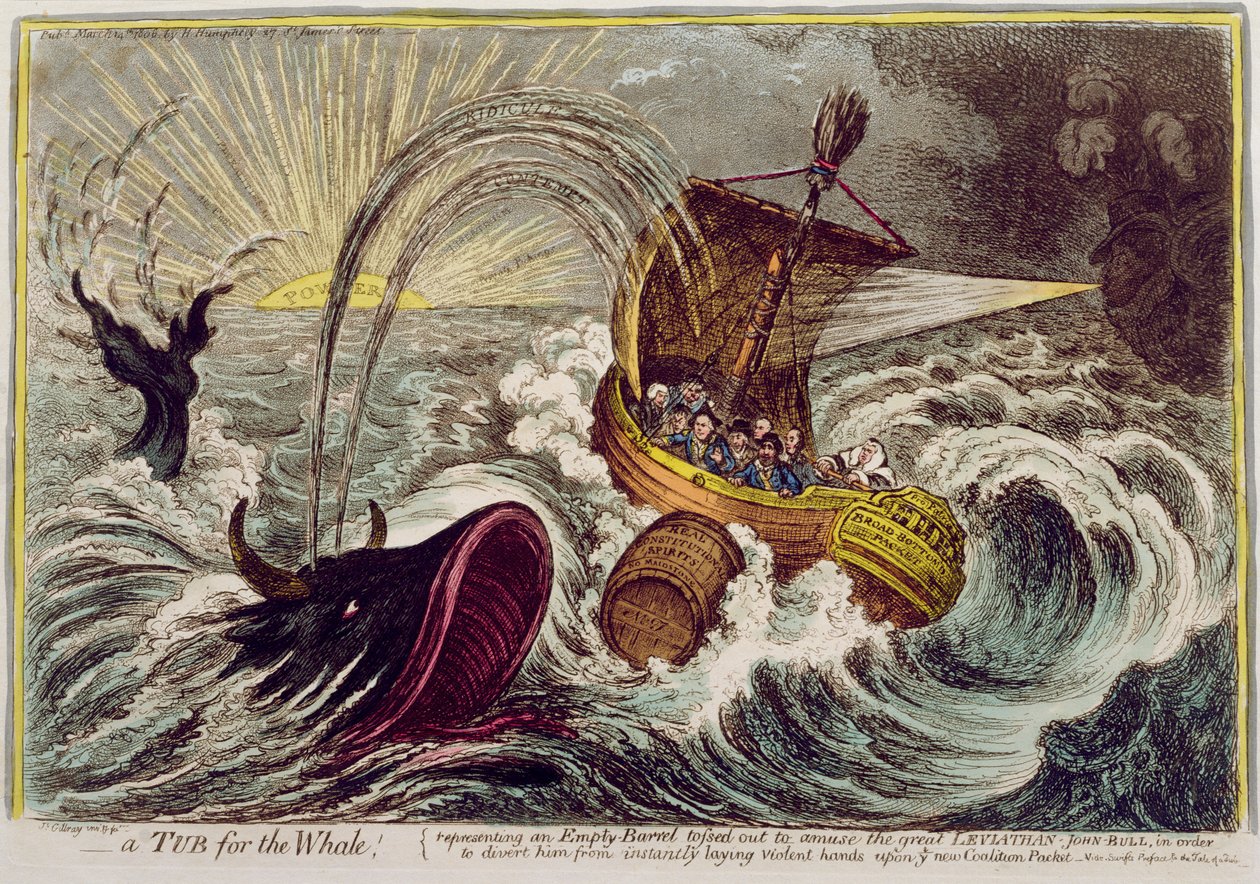 A Tub for the Whale! utgiven av Hannah Humphrey 1806 (handkolorerad etsning) av James Gillray