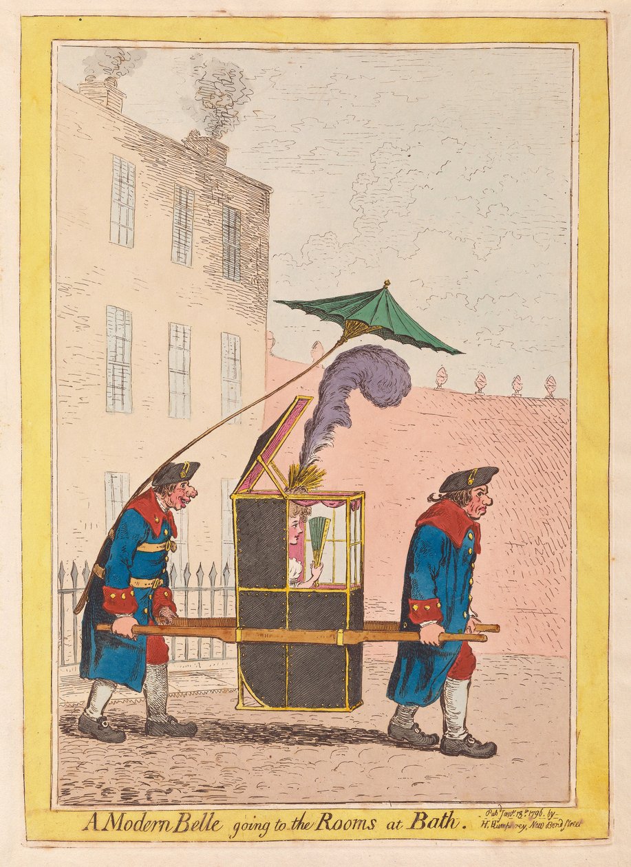 En modern Belle som går till rummen på Bath, pub. 1796 (handfärgad gravyr) av James Gillray