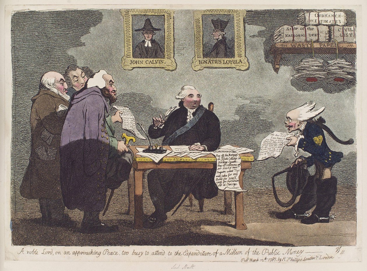 En nobel lord, om en annalkande fred, för upptagen för att ta hand om utgifterna för en miljon av allmänhetens pengar av James Gillray av James Gillray
