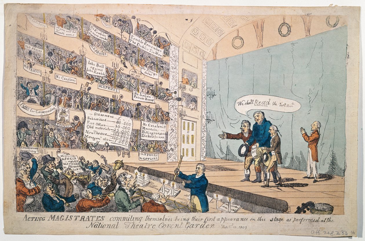 Tillförordnade magistrater förpliktar sig, eftersom de var deras första framträdande som framfördes på National Theatre Covent Garden, publicerad 1809 (handfärgad etsning) av James Gillray