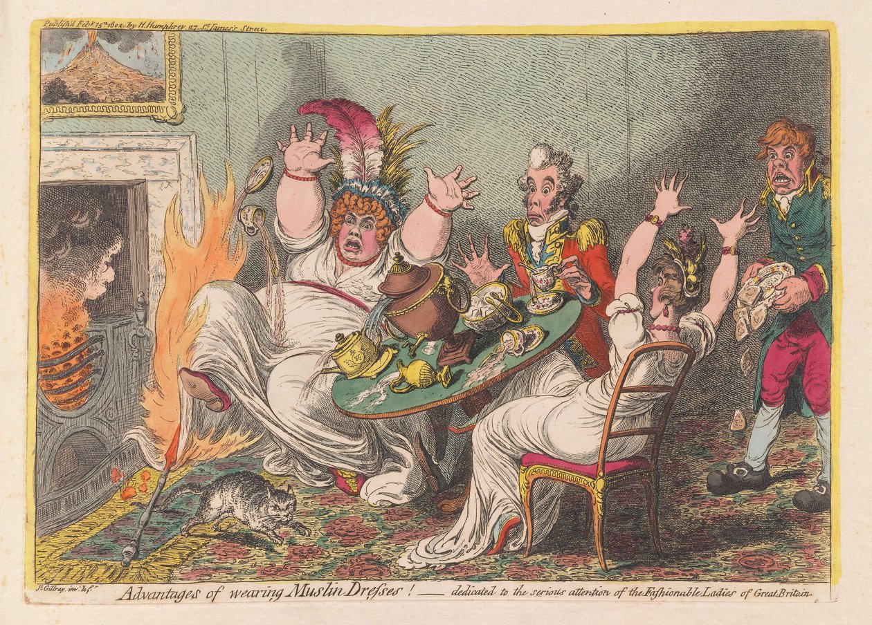 Fördelar med att bära Muslin Dresses!, pub. 1802 (handfärgad gravyr) av James Gillray