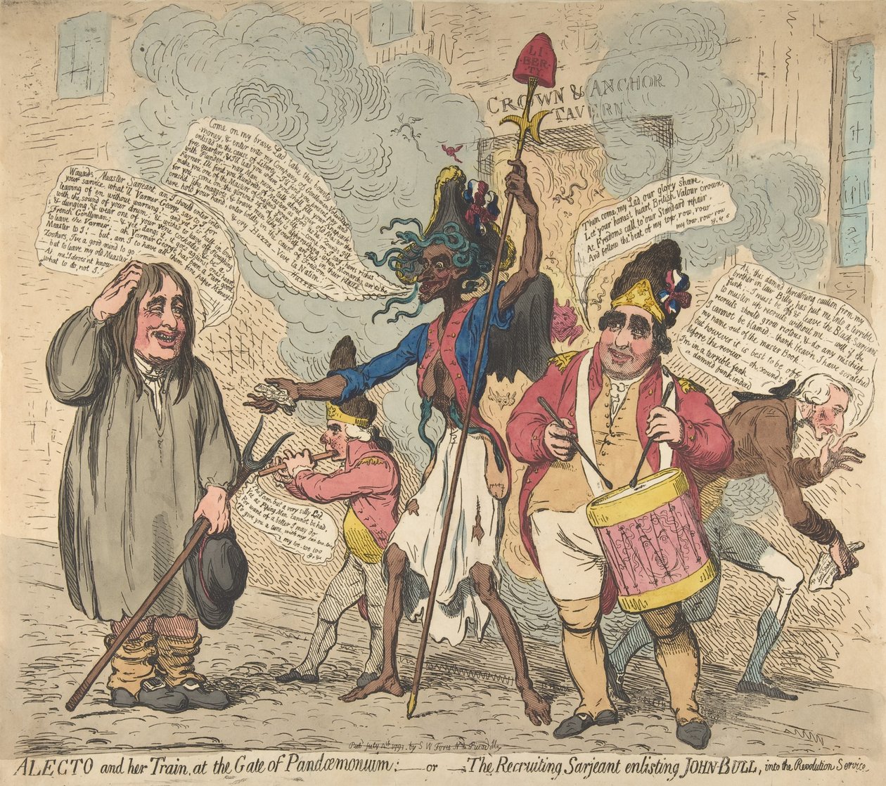 Alecto and Her Train, at the Gate of Pandaemonium:-eller-The Recruiting Sarjeant Enli..., 4 juli 1791. av James Gillray