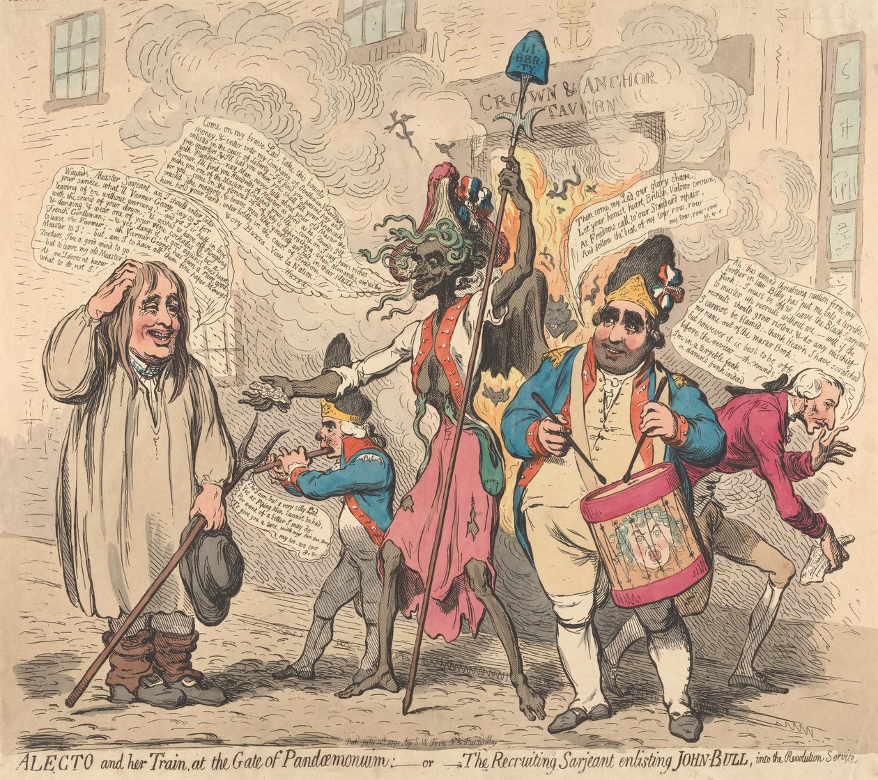 Alekto och hennes följe vid Pandemoniums port - eller - Den rekryterande sergeanten som värvar John Bull till revolutionstjänsten av James Gillray
