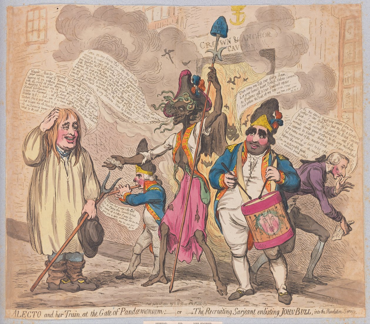 Alecto and her Train at the Gate of Pandaemonium eller The Recruiting Sarjeant som värvar John Bull till Revolution Service, pub. (handfärgad gravyr) av James Gillray