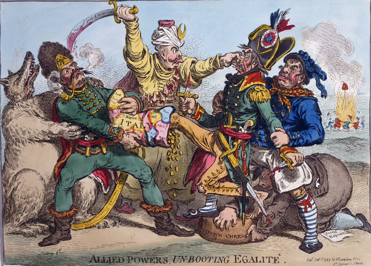 Allied Powers Un-booting Egalite, publicerad av Hannah Humphrey 1799 (handfärgad etsning) av James Gillray