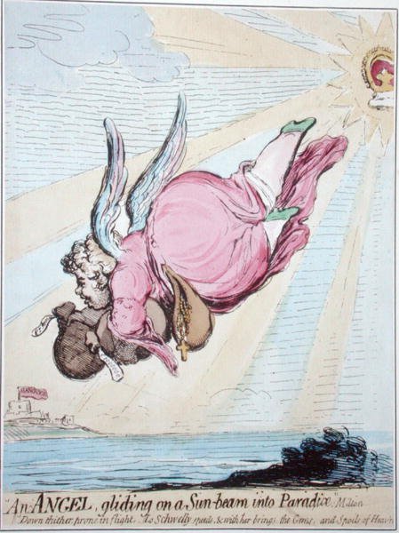 En ängel som glider på en solstråle in i paradiset (handfärgad etsning) av James Gillray