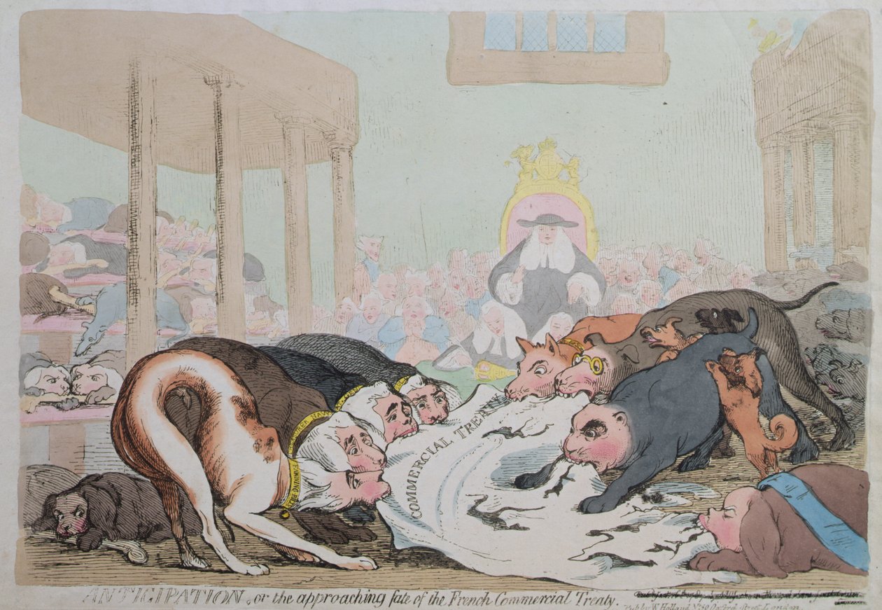 Anticipation, eller The Approaching Fate of the French Commercial Treaty, publicerad av W. Holland 1786 (handfärgad etsning) av James Gillray