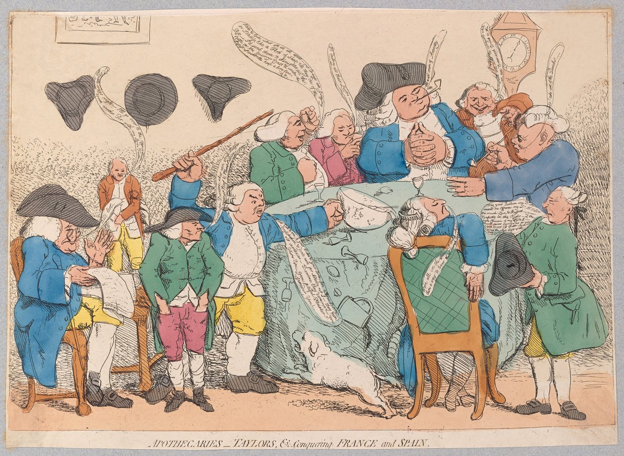 Apoteker, Taylors, etc. som erövrar Frankrike och Spanien, pub. 1779 (handfärgad gravyr) av James Gillray