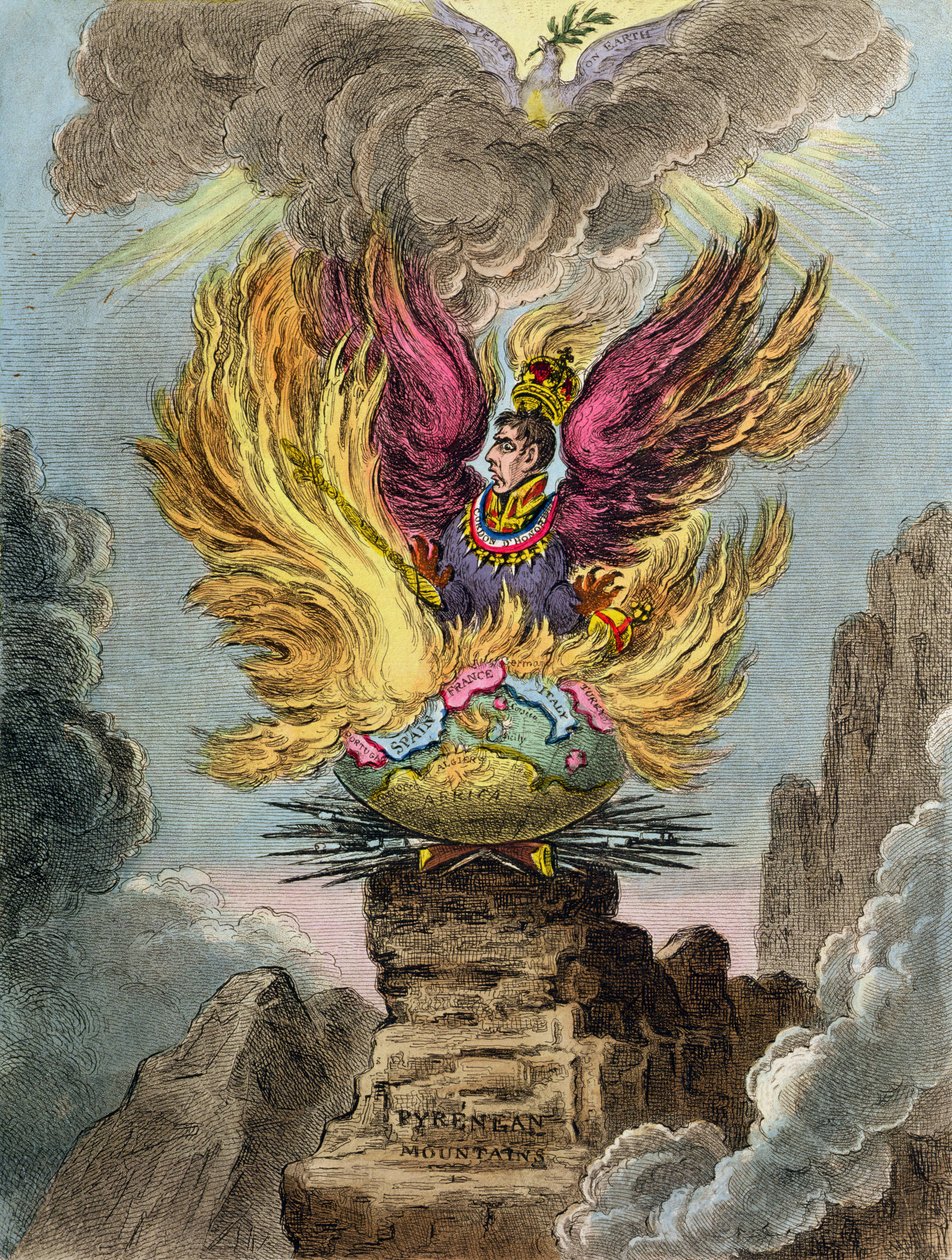 Apotheosis of the Corsican Phoenix, utgiven av Hannah Humphrey 1808 (handkolorerad etsning) av James Gillray
