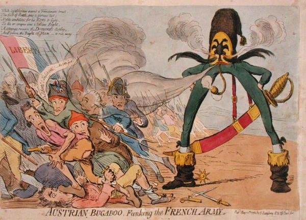 Österrikiska Bugaboo Funking the French Army, publicerad av Hannah Humphrey 1795 (handfärgad etsning) av James Gillray