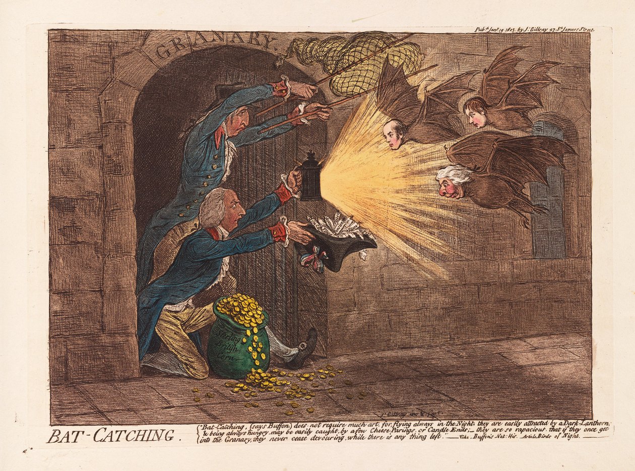 Bat Catching, pub. 1803 (handfärgad gravyr) av James Gillray