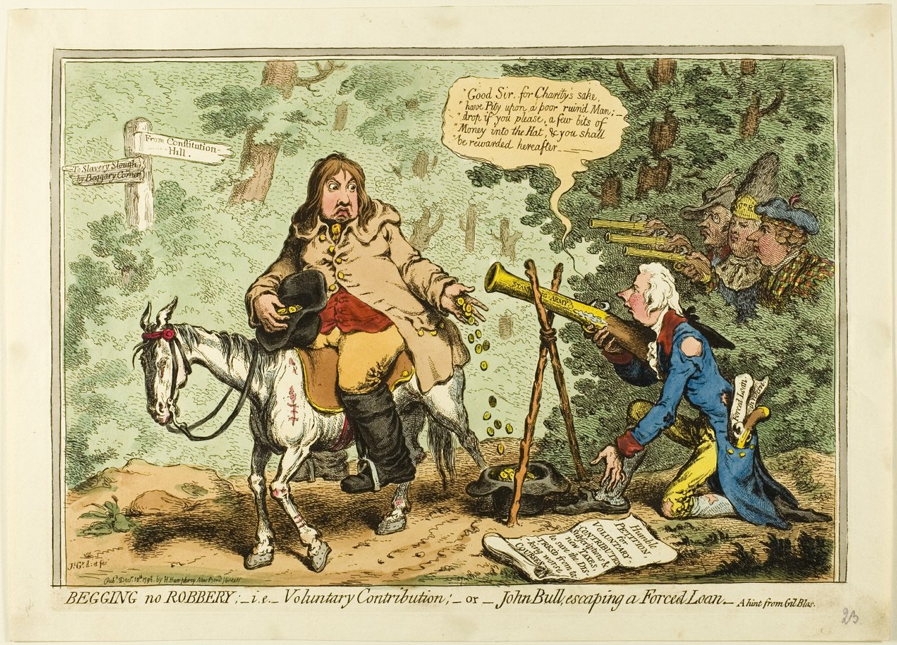 Tiggeri och inte rån; dvs. frivilligt bidrag eller John Bull som undkommer ett påtvingat lån av James Gillray