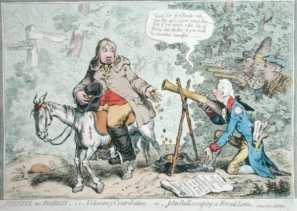 Begging no Robbery: d.v.s. frivilligt bidrag, eller John Bull som flyr ett påtvingat lån, publicerad av Hannah Humphrey 1796 (handfärgad etsning) av James Gillray