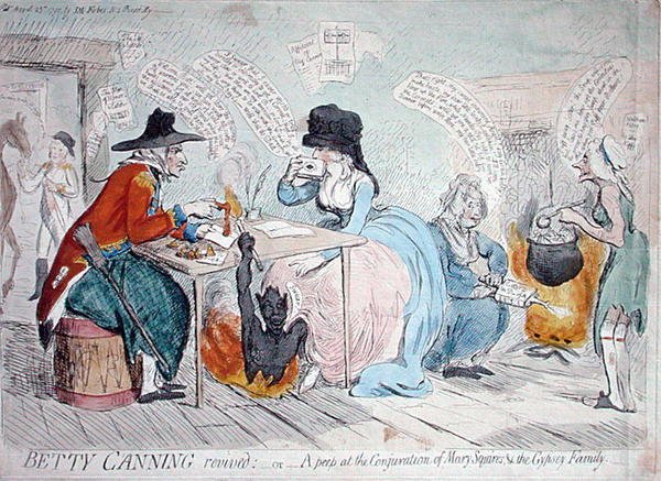 Betty Canning återupplivad, eller en titt på besvärjelsen av Mary Squires & the Gypsy Family, publicerad av J.M. Forbes 1791 (handfärgad etsning) av James Gillray
